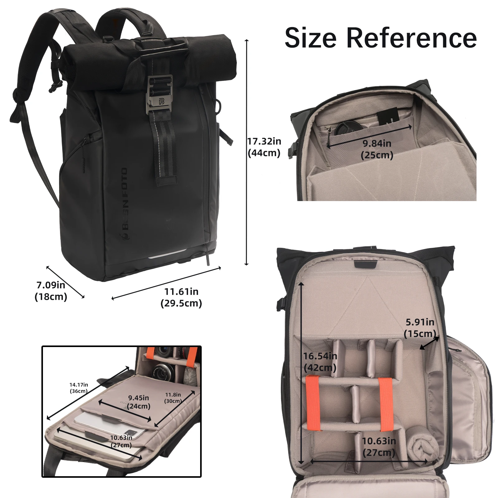Besnfoto Roll Top Camera Backpack Waterproof Anti-theft Photography Bag 180 Clamshell for DSLR Drone Laptop Sony Canon Nikon