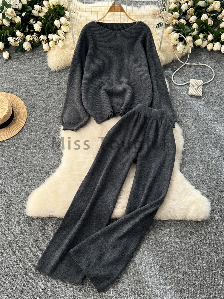 Autumn Korean Chic Warm Knitted 2 Piece Sets Casual Tops + High Waist Wide Legs Long Pants New Retro Solid Street Fashion Suit