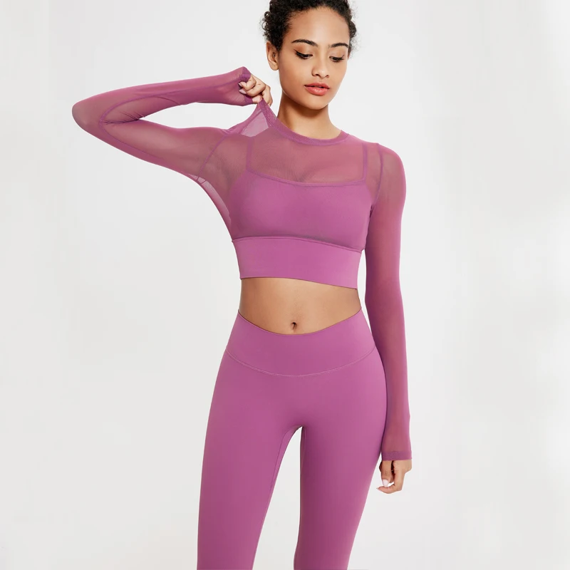 Women Two Pieces Fitness Yoga Set Solid Color Breathable Quick Dry Running Suit 2 In 1 Long Sleeve Shirt Leggings Sportswear