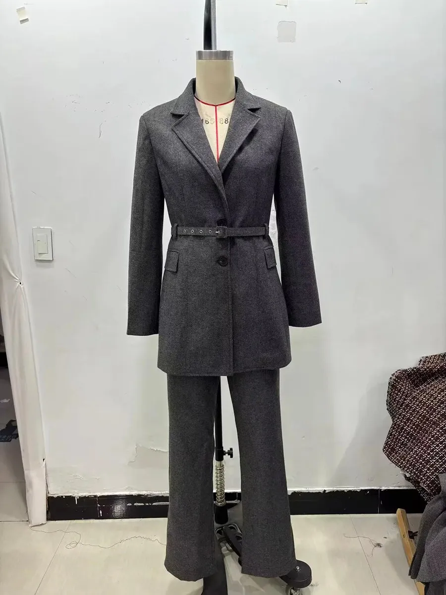 TWOTWINSTYLE – ensemble deux pièces en laine pour femmes, col cranté, ceintures épissées, manteau, taille haute, pantalon droit, costume minimaliste