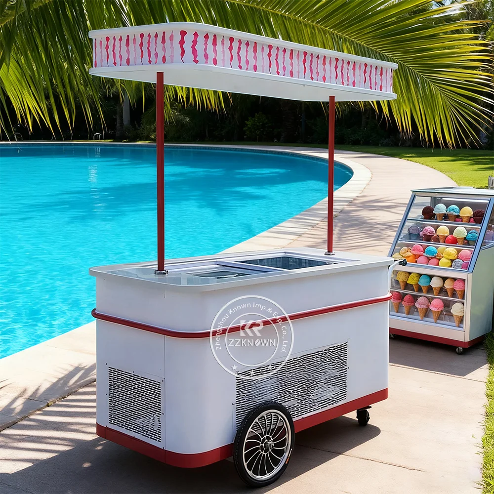 

Ice Cream Cart Gelato Display Freezer Flower Trolley Cart Mobile Food Cart Street Food Car Outdoor Ice Cream Food Truck