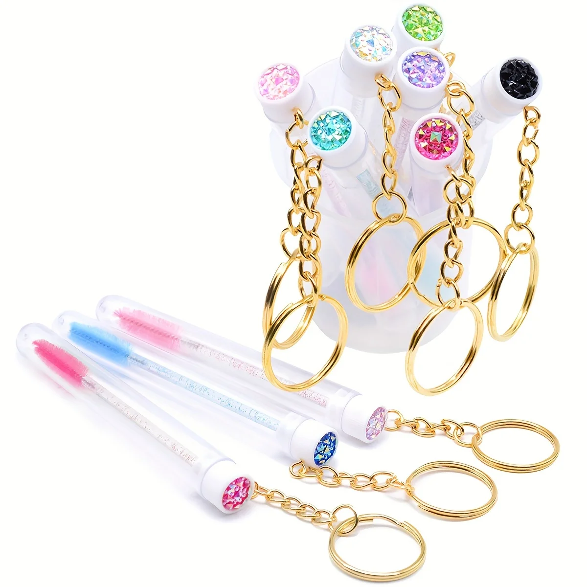 2 szt. Kryształowe szczoteczki do rzęs z błyszczącymi diamentami, probówka z breloczkiem, błyszcząca szczoteczka do przedłużania rzęs, szczoteczka do brwi