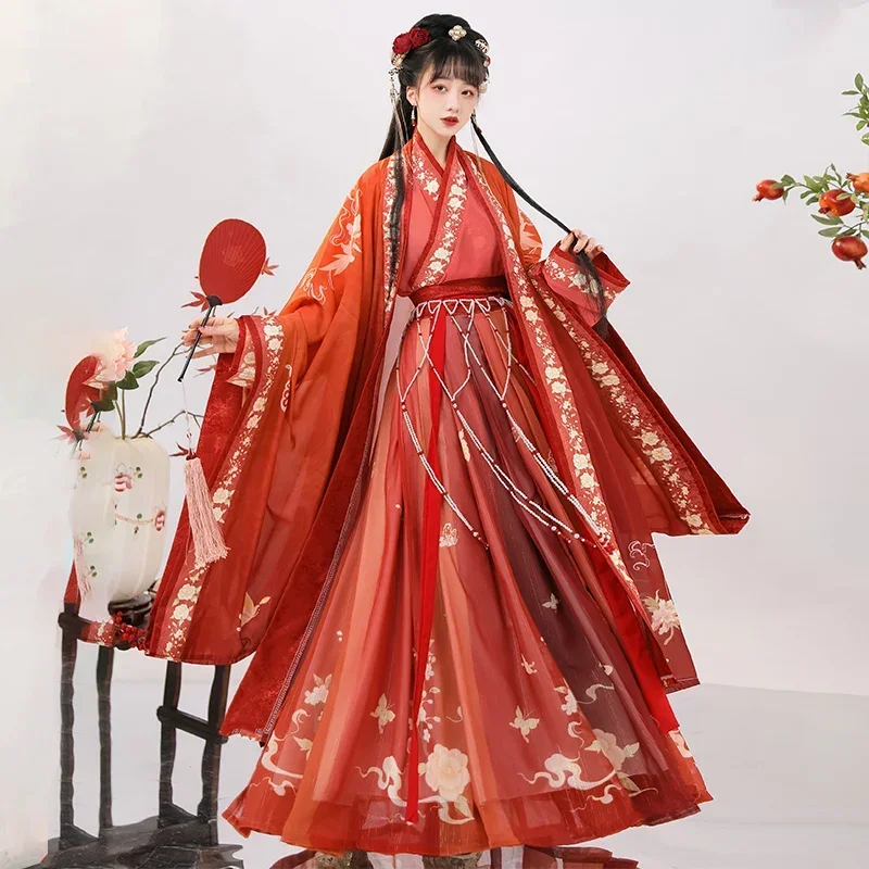 

Song Dynasty Hanfu Dress for Women Chinese Traditional Wedding Dress Elegant Fairy Red Green Print Dancing Outfit 3PCS 전통 드레스