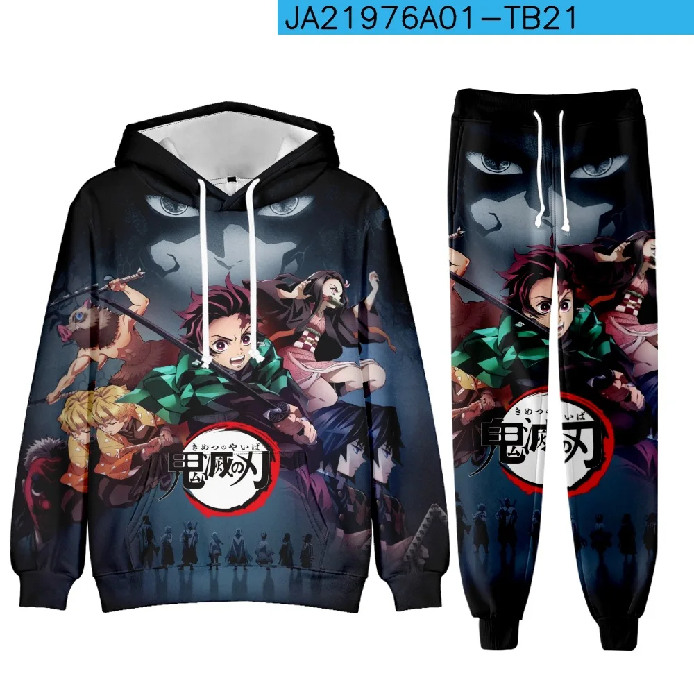 Anime Demon Slayer Hoodies 3D Printed Cosplay pants+Hoodie 2PCS Set Tracksuit Men Oversize Vintage Streetwear Hoodie Pants Sets