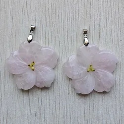 Fashion Good Quality Pink Natural rose quartz stone Carved flower shape pendants DIY make jewelry making 2 pieces fast shipping