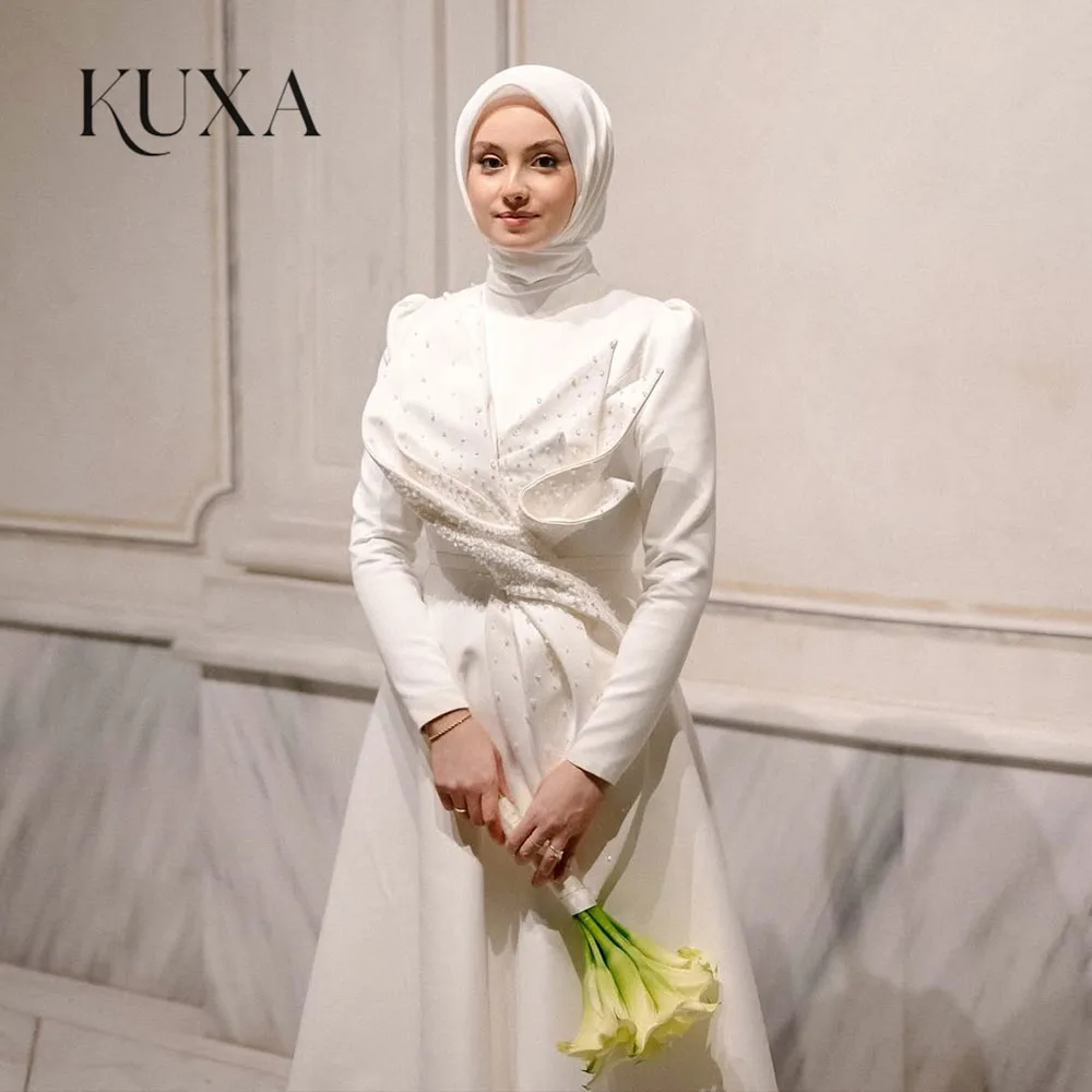 KUXA Customized Muslim Beading Full Sleeves Wedding Dresses Floor-Length Court Train Pleated Bridal Gown فساتين طويلة