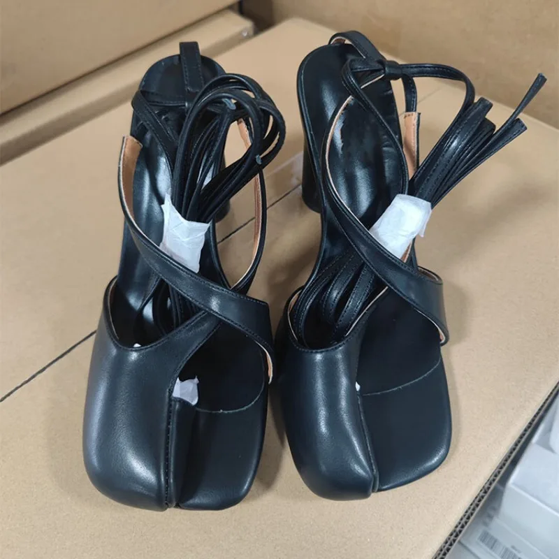 Summer Open Toe Round Head Thin Strap Cross Leather Japanese Fashion Women's Sandals with Thick Heels Large Size 34-43