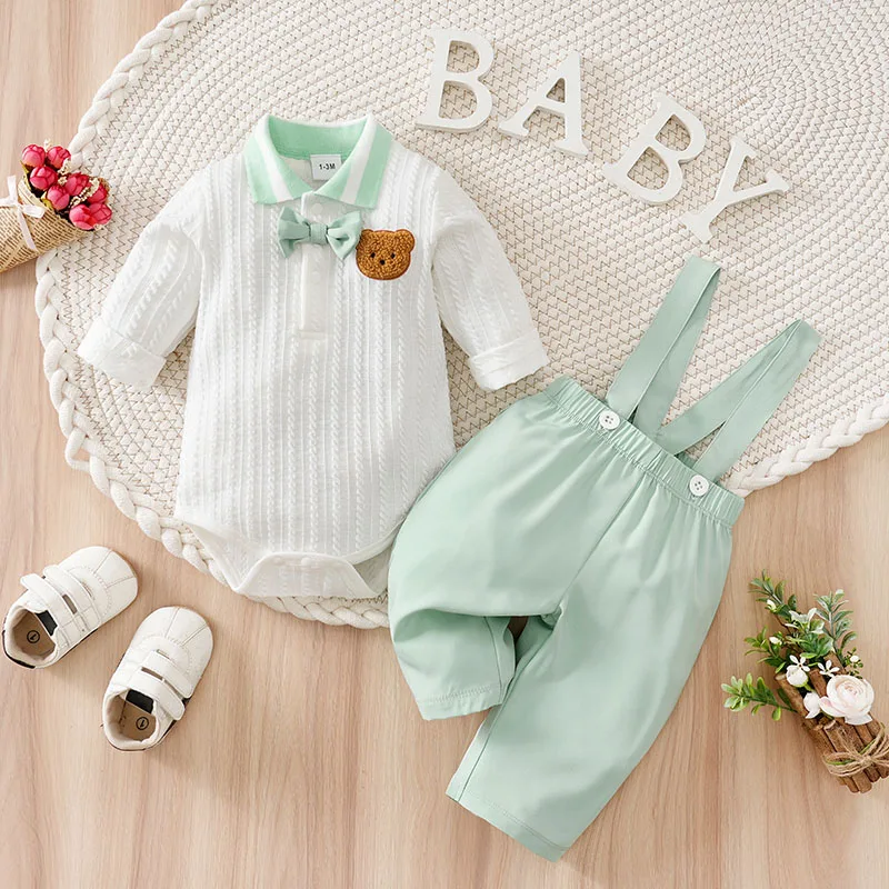 

Autumn Toddler Costume Set 2PCS Lovely bear Comfortable Soft Trendy Knitted Infant Baby Boy Girl Color Matching Tops+Pants Lapel