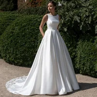 New Arrival Satin Wedding Dress Customized Cap Sleeve Round Neck Applique Draped Skirt Sweep Train Robe De Mariage Bride Gown 5