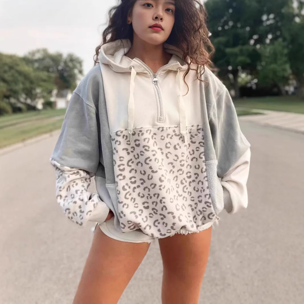 2025 Autumn New Fashion Loose Zipper Women's Hooded Casual Top Thickened Commuter Leopard Print Spliced Sweatshirt Streetwear