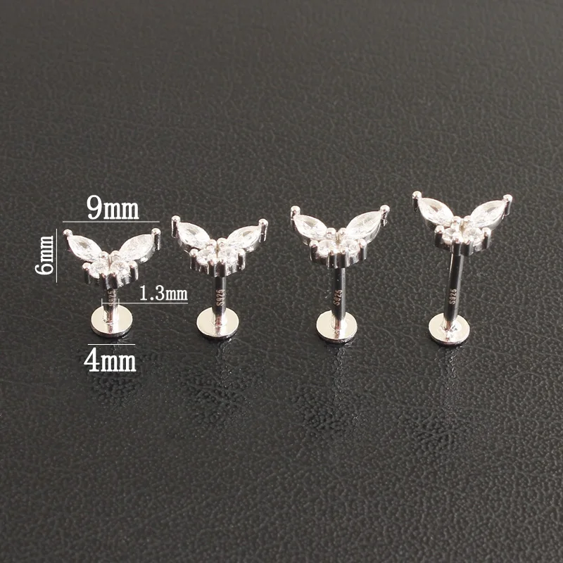 Labret Internal threaded rod Little Butterfly Lip stud Overall 925 sterling silver Body piercing Cubic zirconia Fine jewelry
