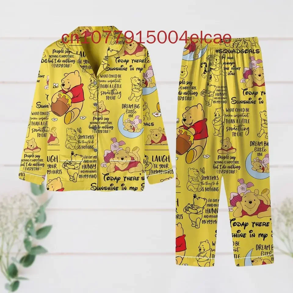 2024 New Disney Pooh Pajama Set Disney Casual Men's and Women's Long Sleeve Shirt Pajama Set