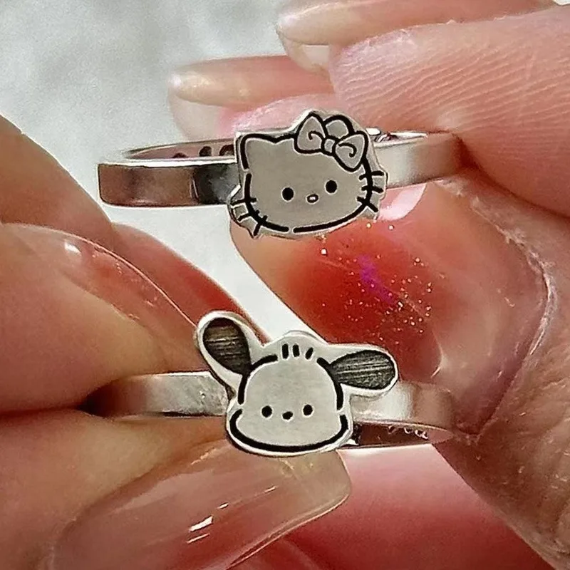 Kawaii Sanrio Hello Kitty Pochacco Ring for Girl Women Cartoon Cute Silver Color Rings Accessories Bestie Couple Rings Gift