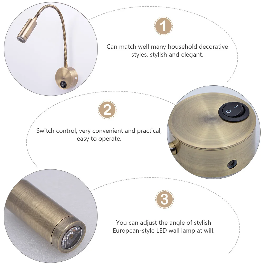 

1Pcs European Style LED Wall Reading Lamp Adjustable Golden Bedroom Bedside Light Eye Protection Flexible 360 Degree Twist