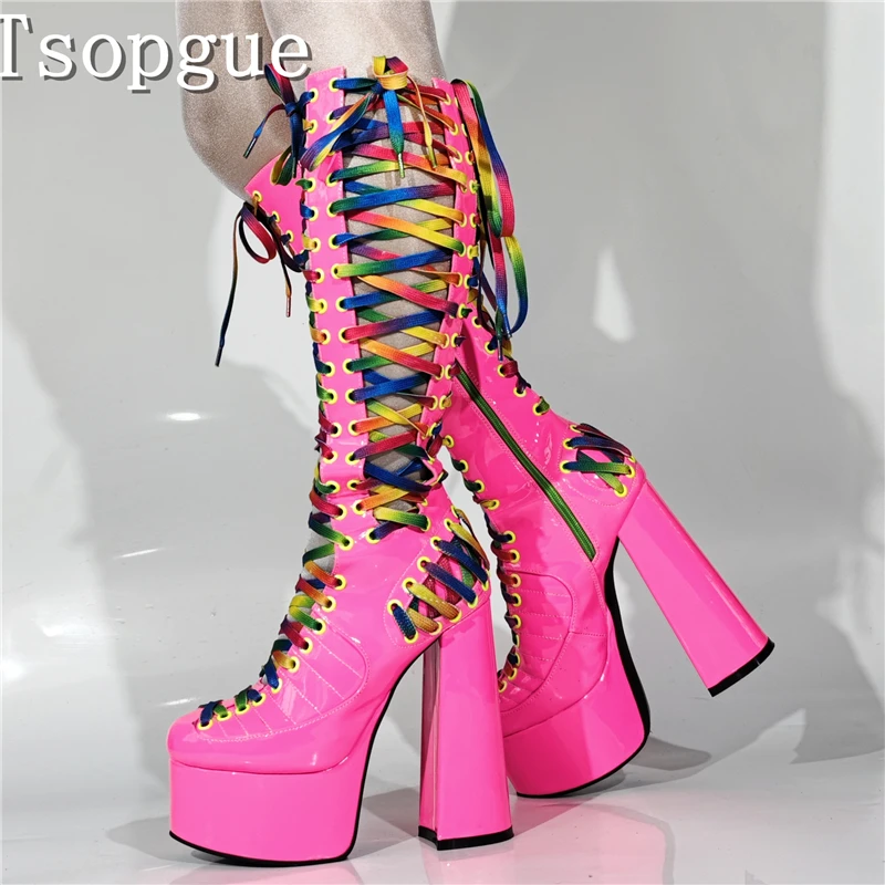 Women New Fashion Platform Chunk Heels Boots Round Toe Pink Leather Rainbow Lace Up Knee High Boots Cosplay Performance Shoes