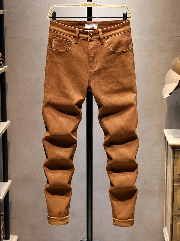 

Весна 2025: Мужские джинсы премиум-класса коричневого цвета, эластичные, зауженного кроя, повседневные, длинные брюки из хлопкового стрейч-денима для молодежи