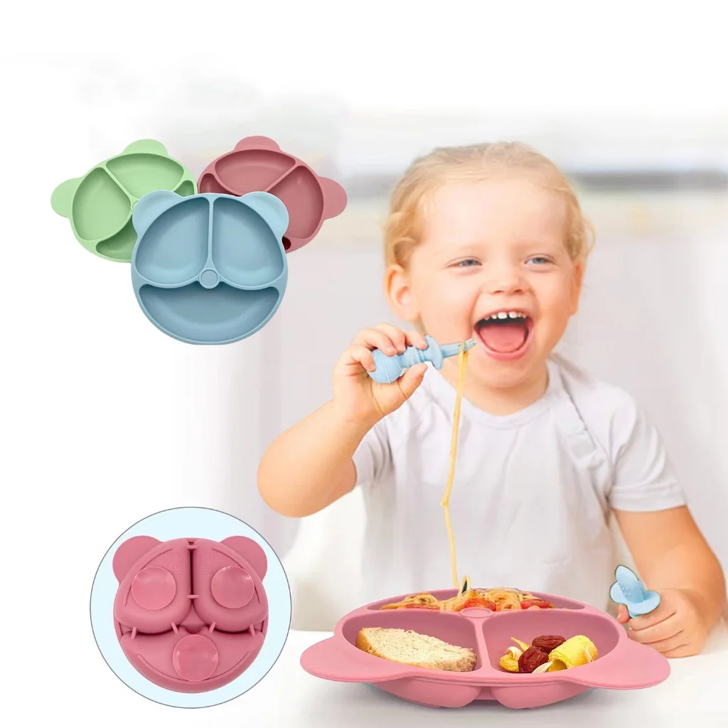 Silicone dinner plate in the shape of a bear, non-slip children\'s feeding bowl with suction cups, photography accessories