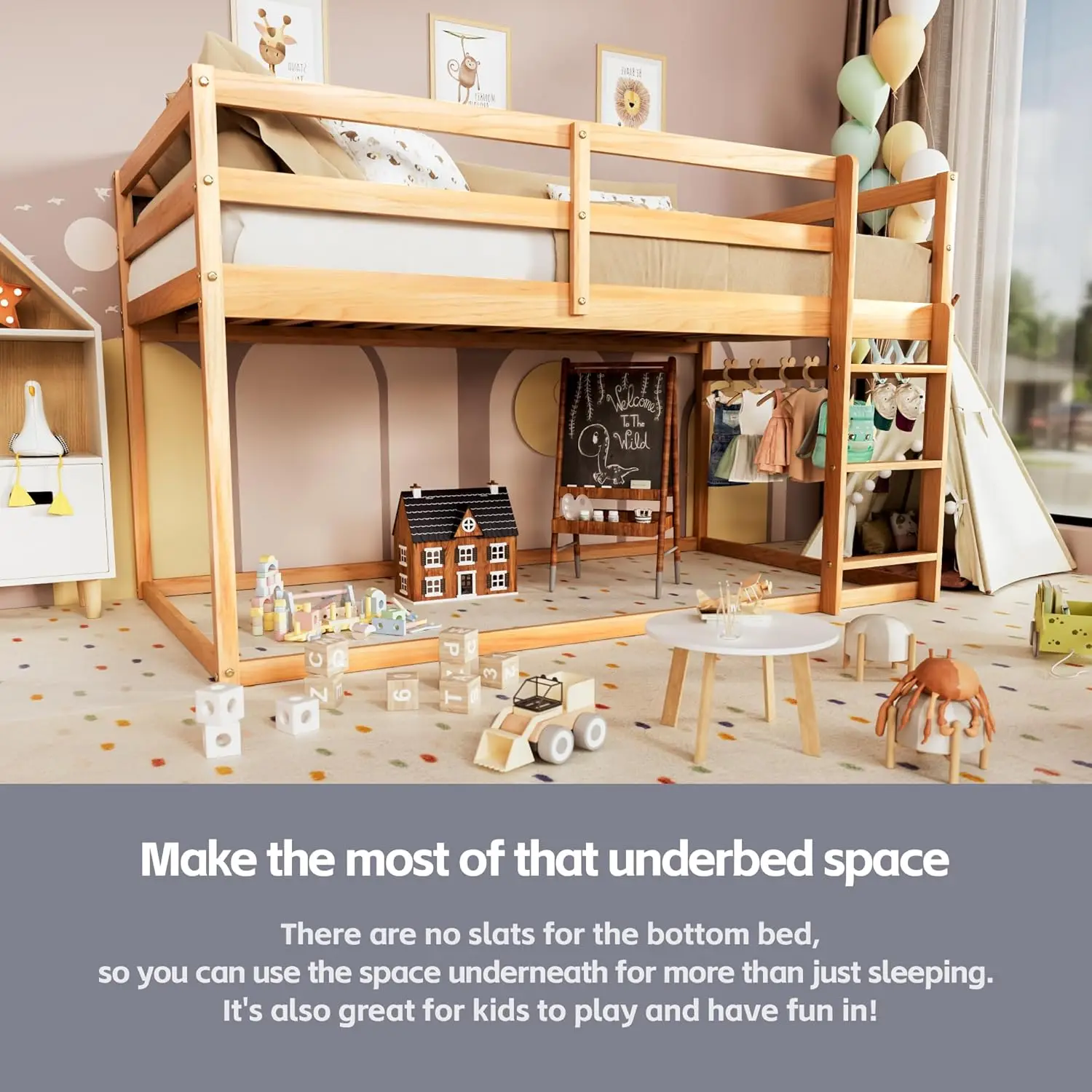Lit superposé double avec échelle, lit superposé au sol en bois pour enfants (naturel)