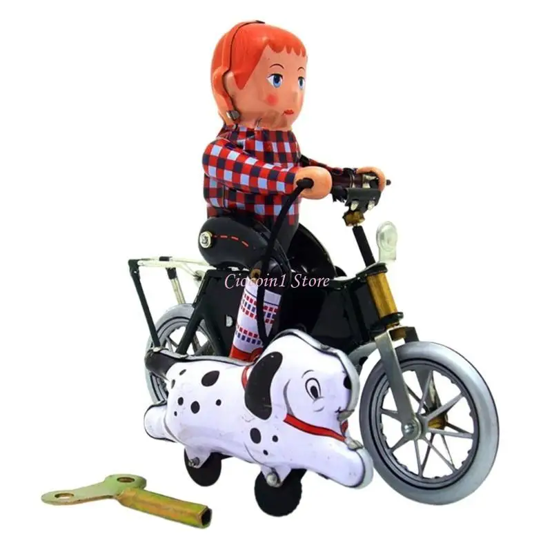 Y1ub Retro Boy Dog Dog Motorcycle Tin Toy عنصر جامع فريد من نوعه للديكور المنزلي