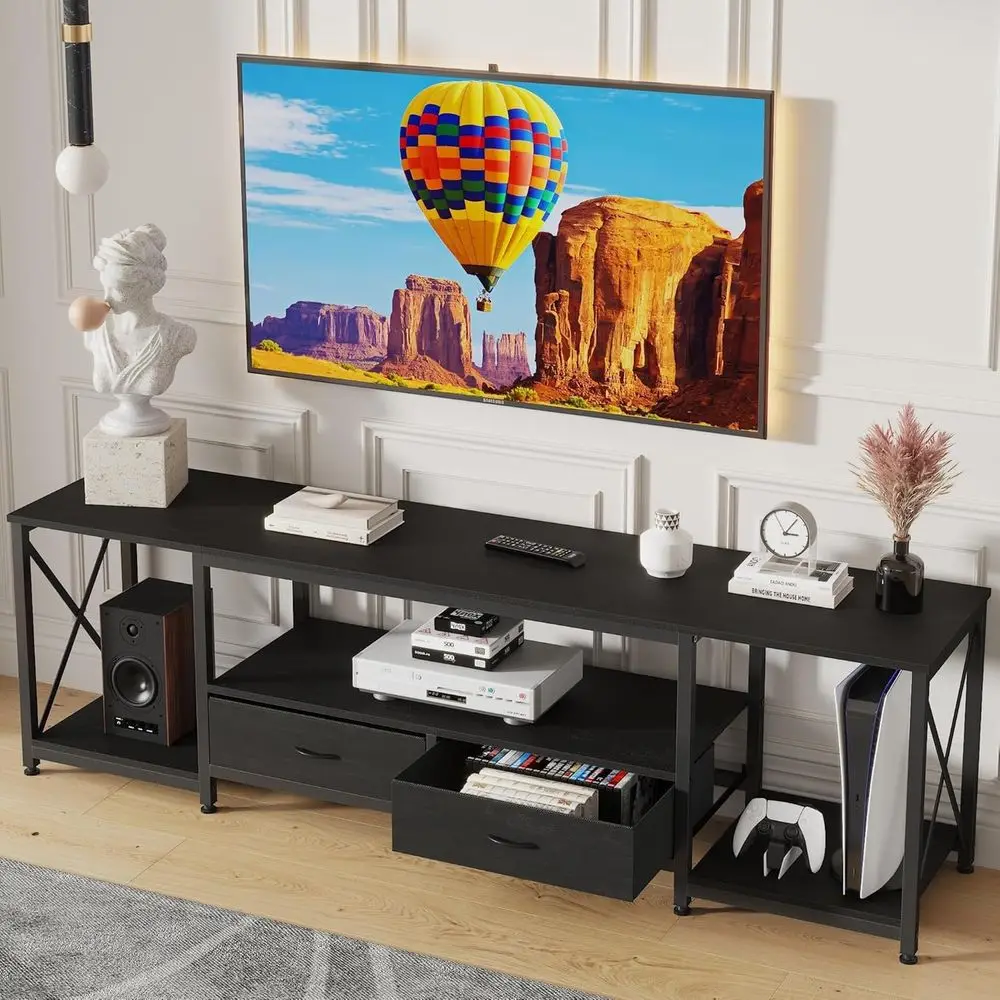 

Тумба под телевизор 63.5 Black Entertainment Center для телевизоров 65-75 дюймов - в индустриальном стиле с открытыми полками для гостиной или спальни