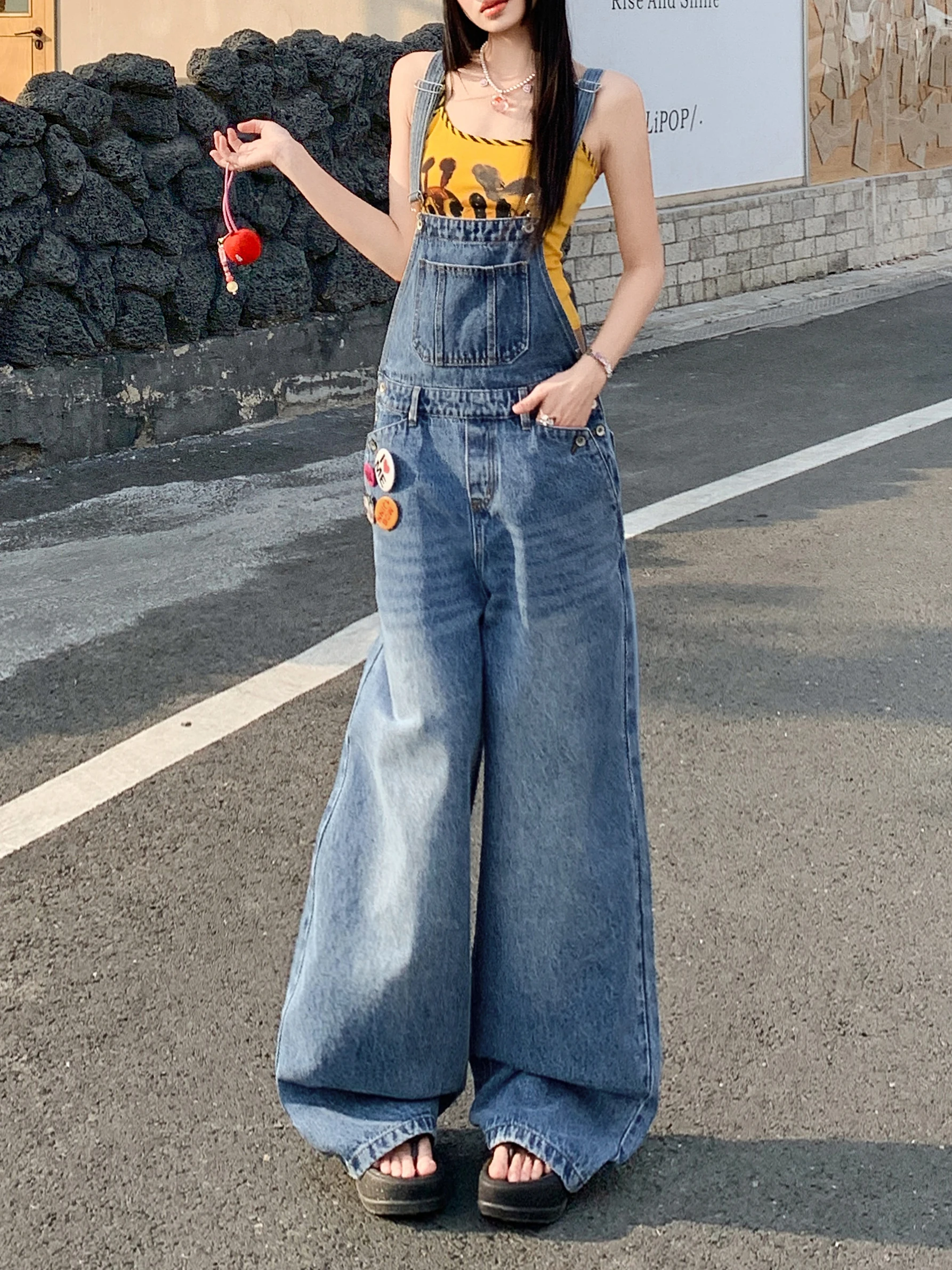 

Уникальный американский ретро-комбинезон из денима для женщин: свободный крой, широкие штанины, прямые брюки в стиле BF, несминаемые, с эффектом омоложения