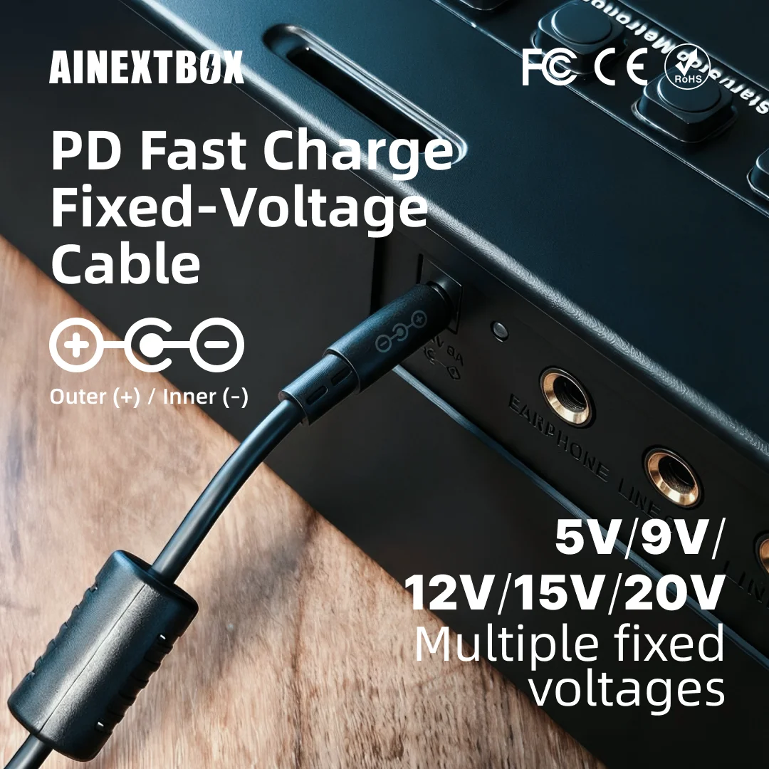 9V 12V PD Trigger Cable, Type‑C to DC 5.5×2.1mm, Guitar Pedal Power Cord, Dual Ferrite Cores, E‑Marker Chip, Tip‑Negative