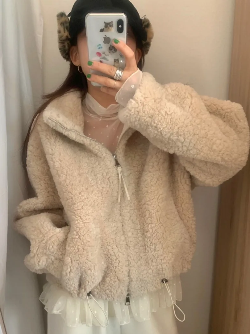 

Ele Women's Zipper Lamb Fur Jaet Loose Collar Soft Cotton Coat Korean Sle Thi Winter Outerwear for Middle-Aged Women