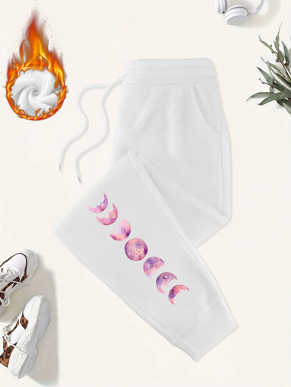 กางเกงวอร์มพิมพ์ลายพระจันทร์เสี้ยวและพระจันทร์เต็มดวง กางเกงลำลองผู้หญิง มีกระเป๋า ผ้าฟลีซ อุ่นสบาย กางเกงจ็อกเกอร์ สตรีทแวร์ ชุดกีฬาผู้หญิง