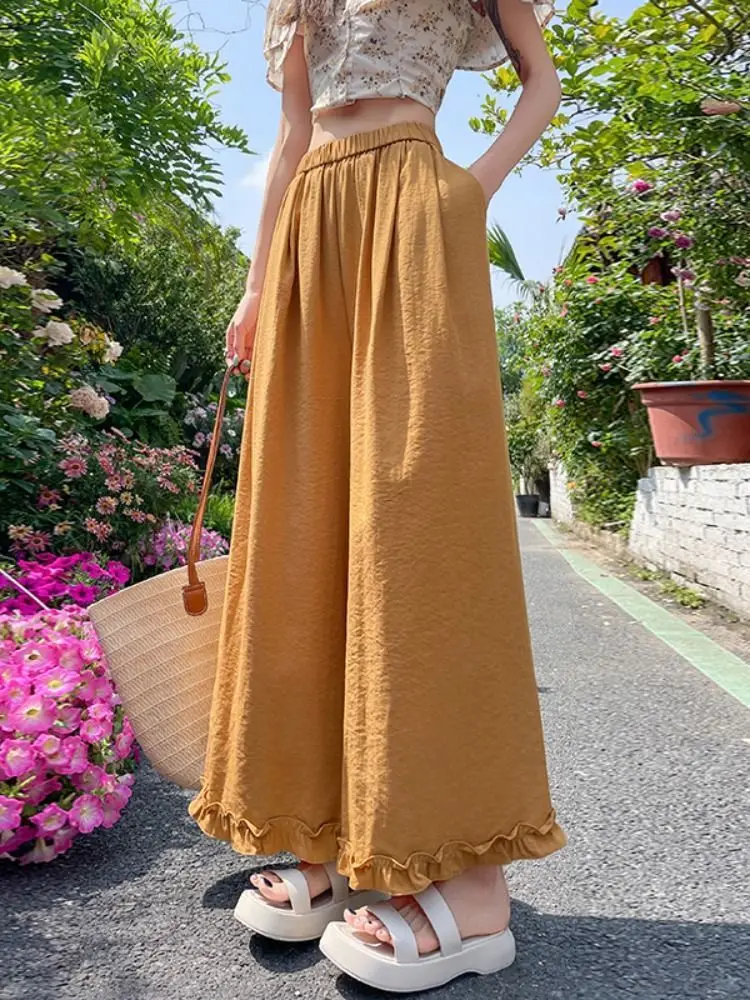 

Черные кружевные широкие брюки из ледяного шелка с грибком, женские летние свободные повседневные брюки с высокой талией