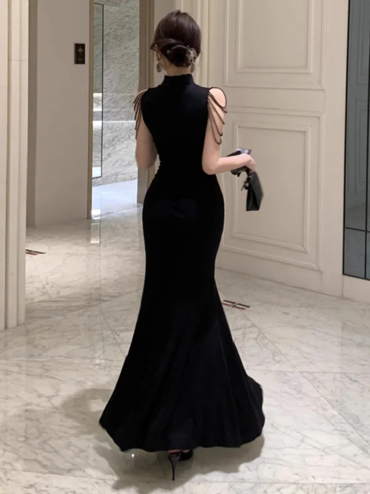 Topenomi Vintage Evening Dress Women Sexy Off Shoulder Tassel High Waist Slim Split Wedding Party Gown Cocktail Black Long Robe