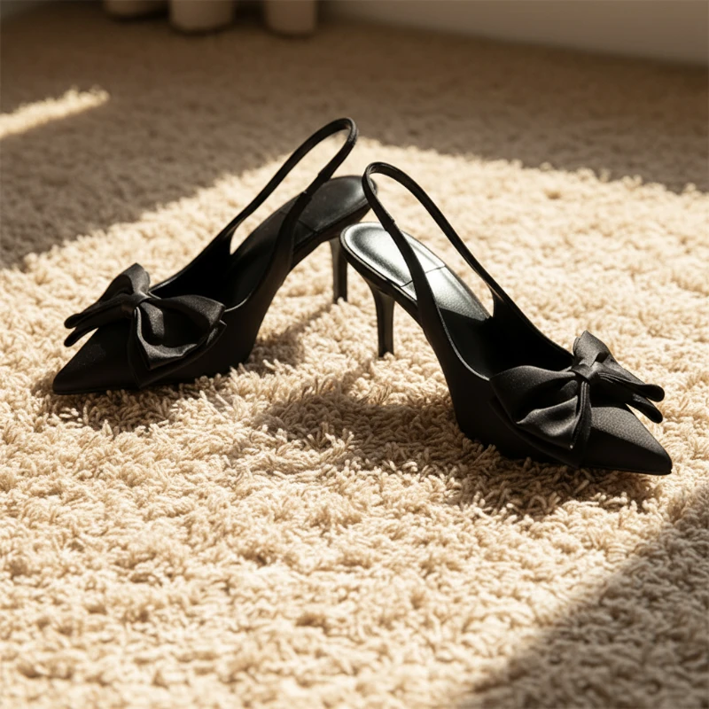 

2025 New Luxury Women's High Heel Sandals | Elegant Black Pointed Toe Slingbacks with Bow | Office Party Dress Shoes