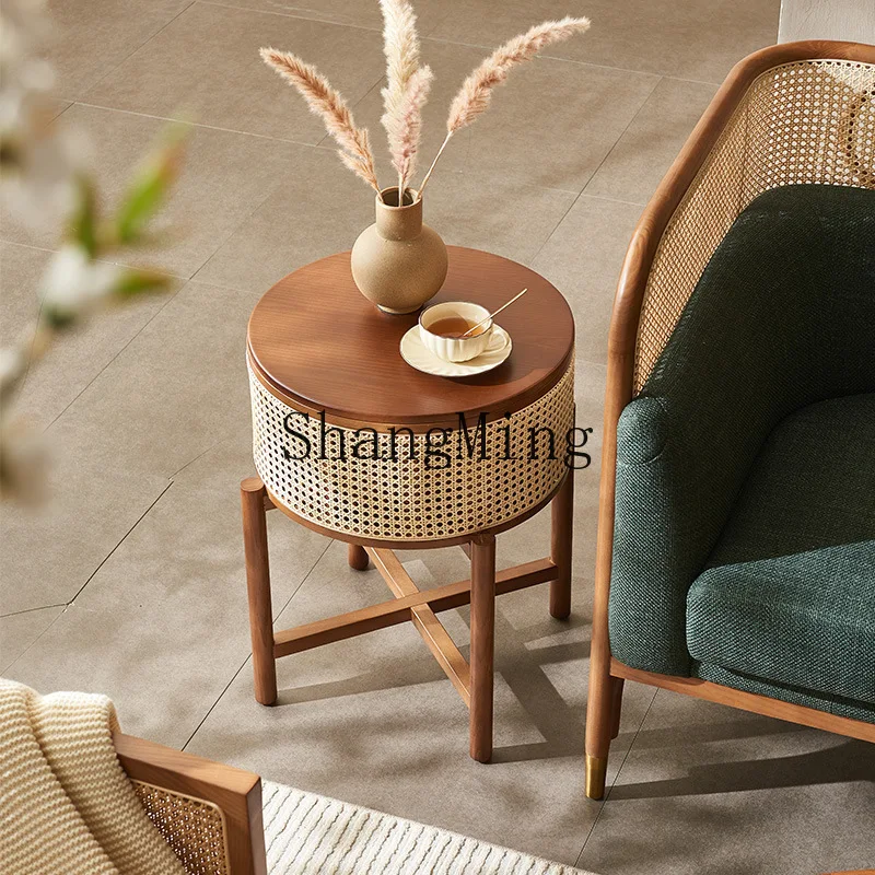 SM Wood Rattan Small Coffee Table Simple Solid Wood Rattan Corner Table Sofa Side Cabinet Creative Storage Small Table