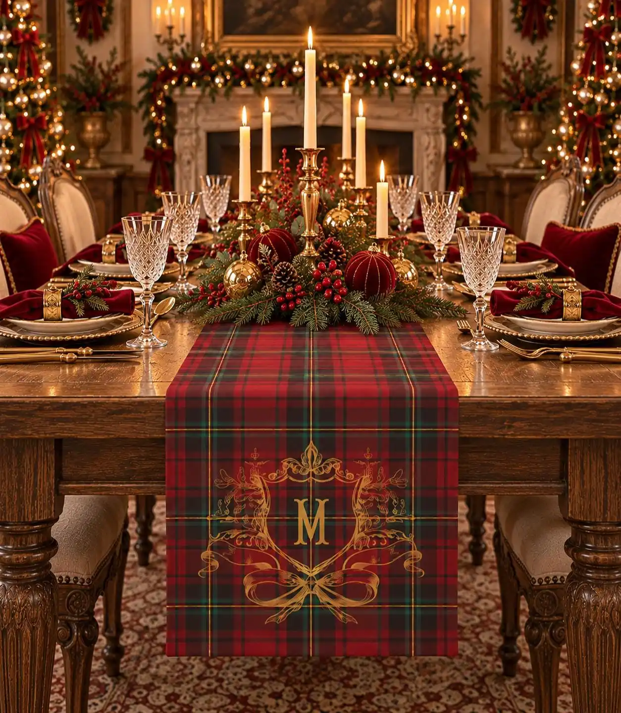 2026 Christmas Table Runner, Red Tartan Plaid Golden Letter M Print Tablecloth Runner, Vintage Holiday Dining Table Decor for