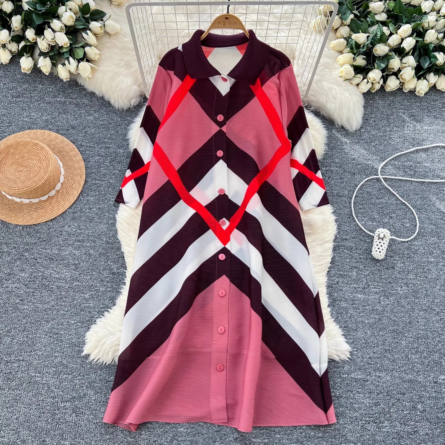 Ata Yake-Robe chemise plissée à rayures pour femme, col rabattu, commande haute, surdimensionnée, mi-longue, robe de soirée, vêtements féminins éducatifs