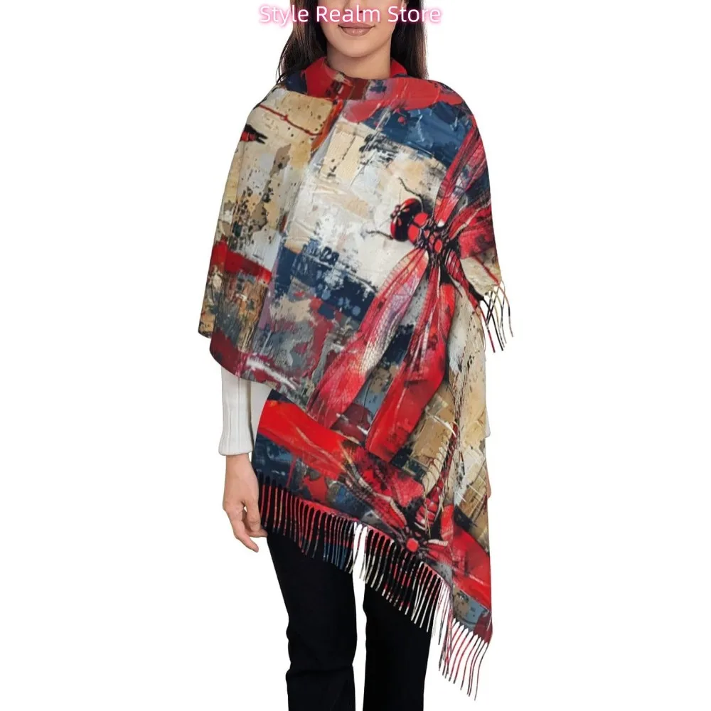 

Абстрактный красный принт стрекозы, женский модный зимний шарф, мягкий длинный стиль, теплая шаль, шарфы, накидки