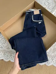 Sweet Lace And Lace Patchwork Wide Leg Jeans With Spring And Autumn Bow Design, Dark Floor Length Pants For Women
