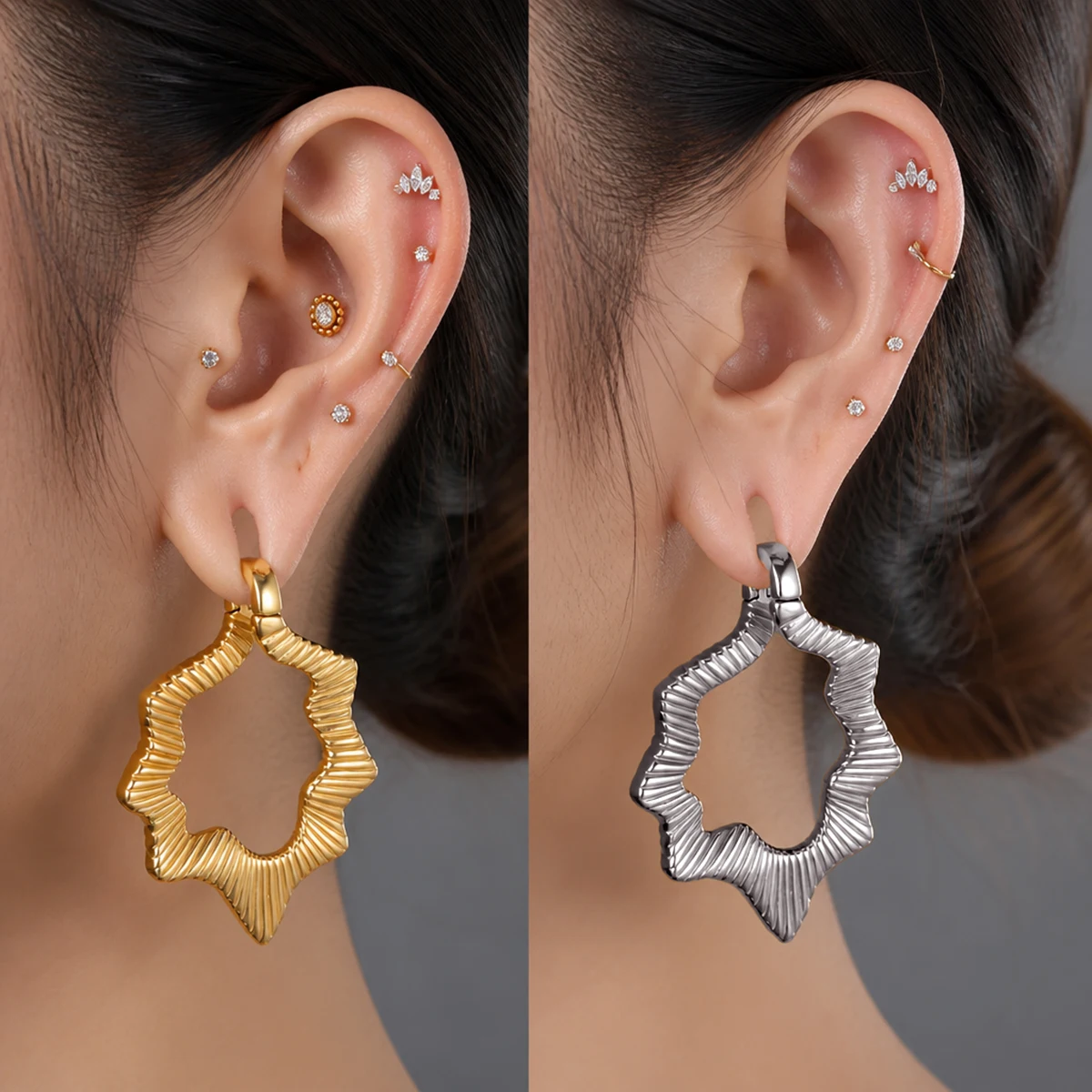 Vanku 2pc Stainless Steel Textured Star Shapee Ear Gauges ear weights, Hollow Wavy Flare Ear Plugs Tunnels