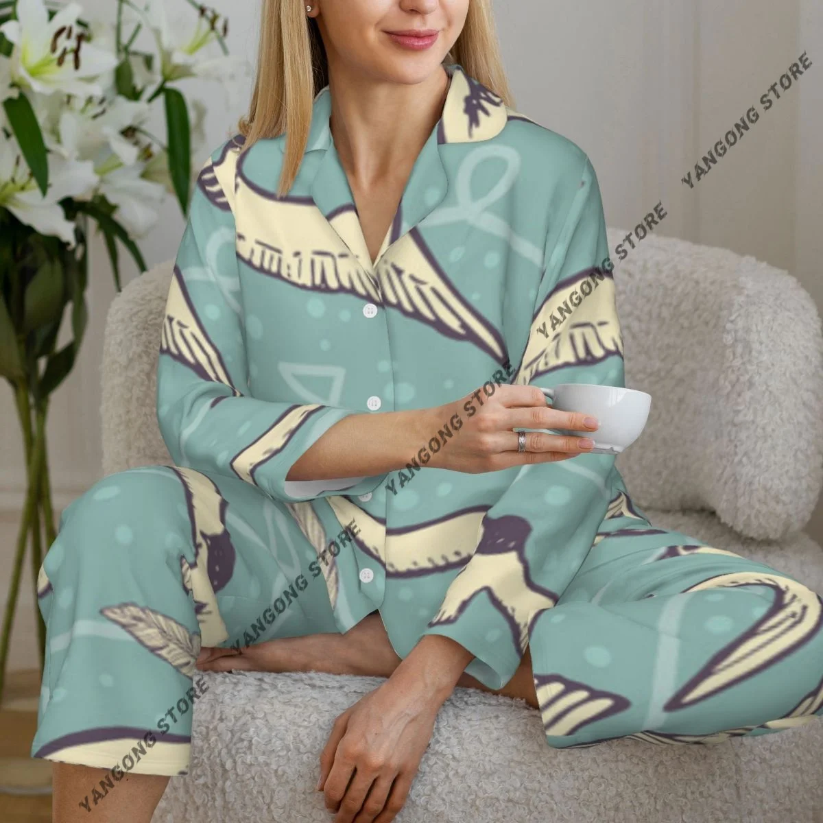 

Spring and Autumn Pajama Set Women's Long Sleeve Pants Two Piece Flying Sea Bird And Seagull Illustration Home Furnishing Set