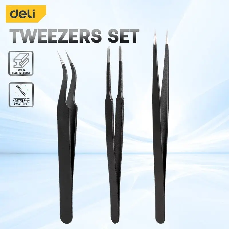 Deli 3PCS Tweezers Set Upgraded Stainless Steel of Tweezers for Electronics,Soldering,Laboratory Work,Jewelry-Making,Model,Craft