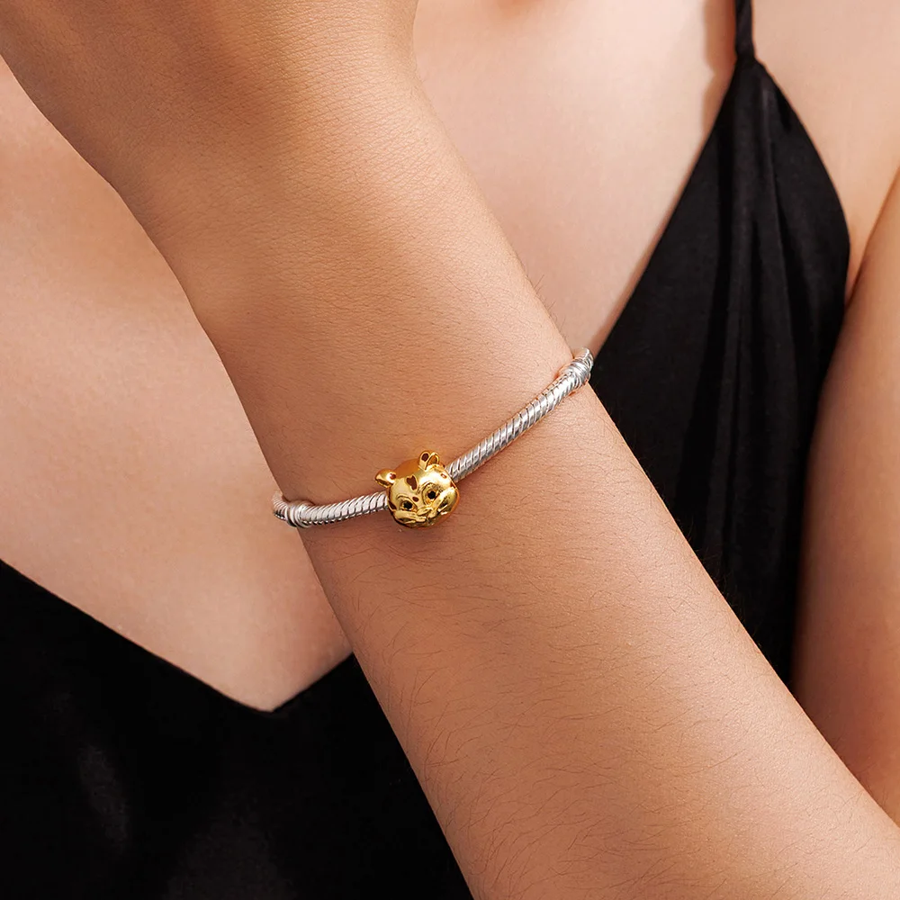 New 925 Sterling Silver Charms Golden Chubby Leopard Head Beads Fit Bracelet Women's Diy Jewelry Love Daily Hot Gifts