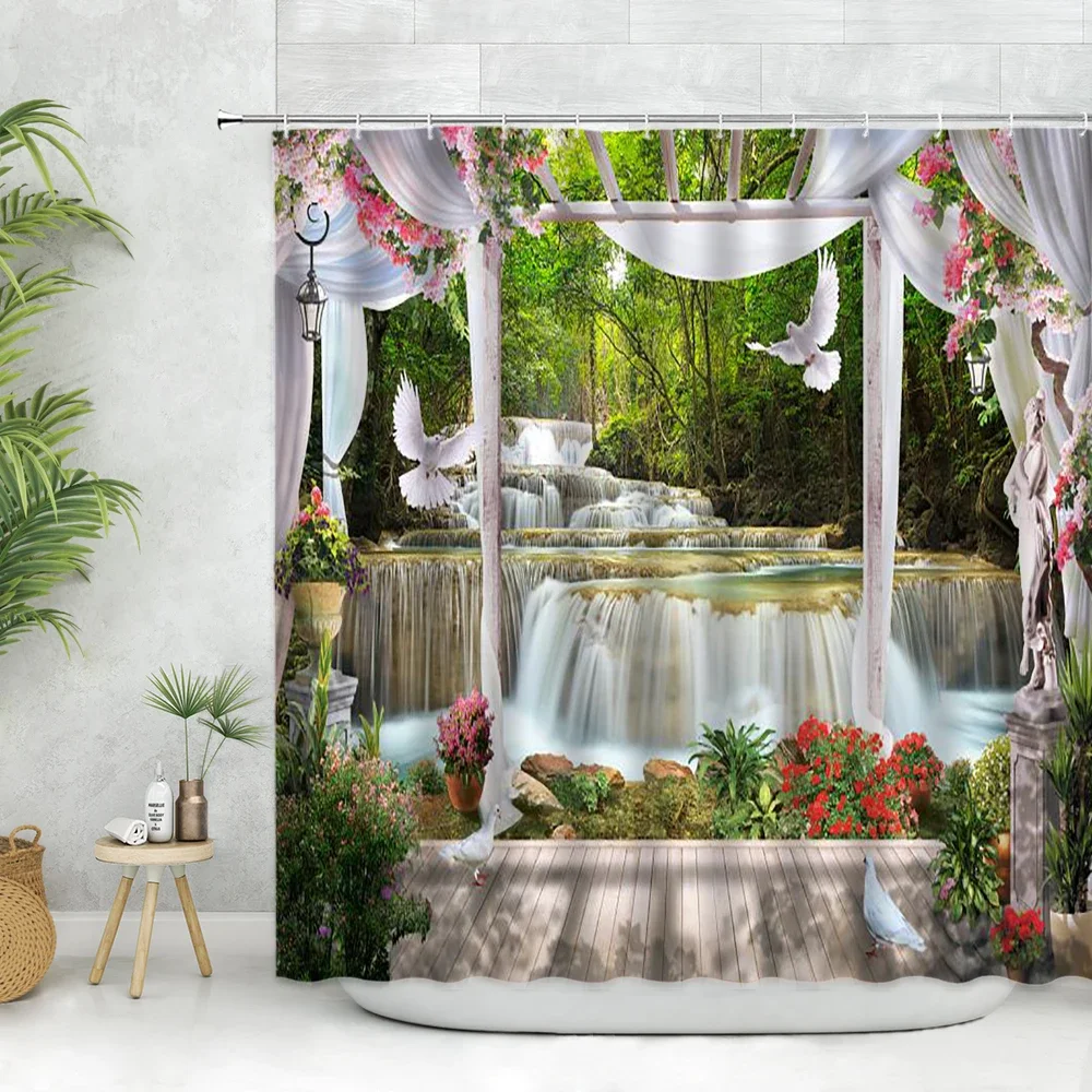 European Style landscape Shower Curtain Sets Flowers Green Plants Waterfall Spring Scenery Wall Decor Bathroom Bathtub Curtains