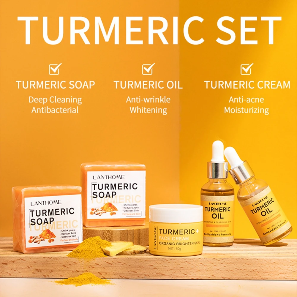 3pcs/set Turmeric Face Care Sets Turmeric Face Cleansing Cream Turmeric Face Cream Turmeric Soap Face Care Turmeric Oil