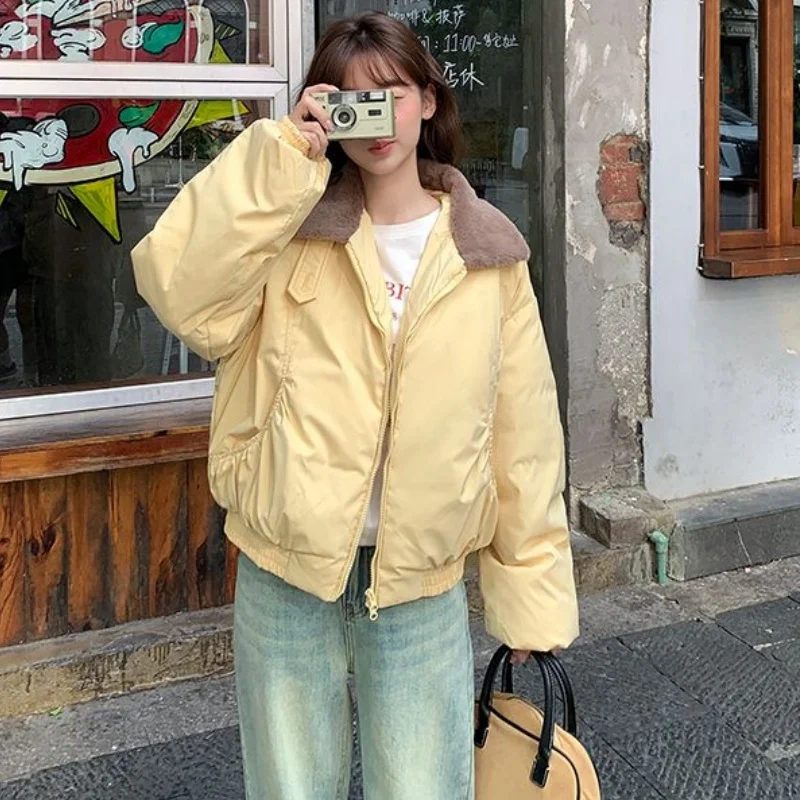 Lady Korean Sweet Yellow Contrast Lapel Cotton Coat Women Oversized Drop Shoulder Elastic Hem Short Warm Winter Padded Jacket