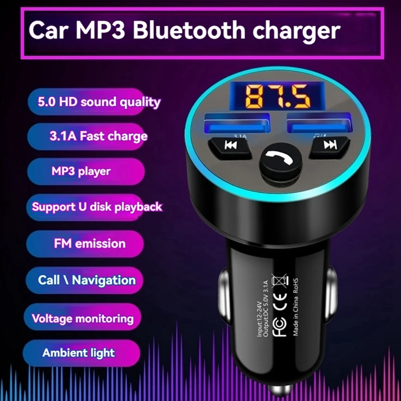 FM Transmitter Stereo Car MP3 Player 3.1A Fast Charging Dual USB Charger Car Bluetooth 5.0 Hands-Free Kit FM Modulator