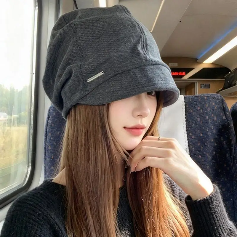 Ladies Knitted Short Brim Lazy Style Winter Hats Face Slimming All-Match Overhead Caps Cozy Warm Breathable Adjustable Size