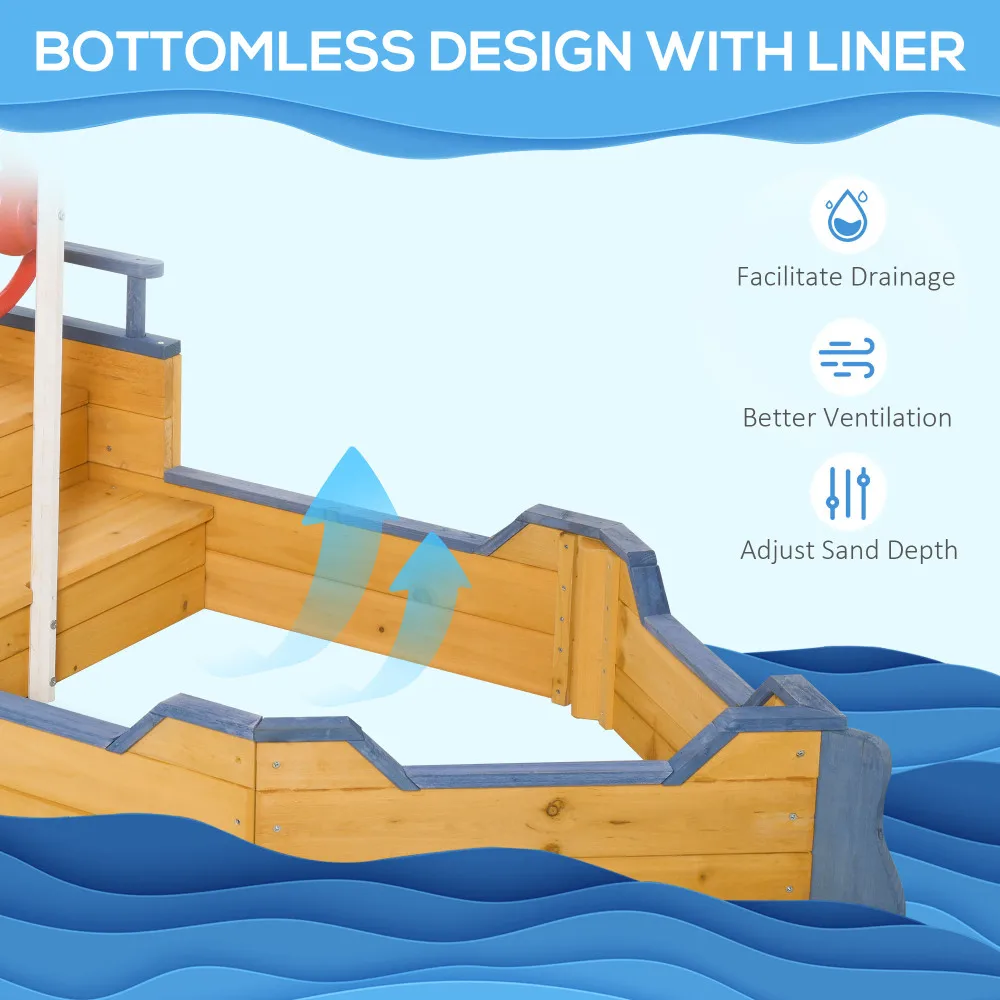 子供用木製海賊サンドボックス,ベンチシート付き屋外サンドボート,収納,裏庭用不織布布布布,芝生