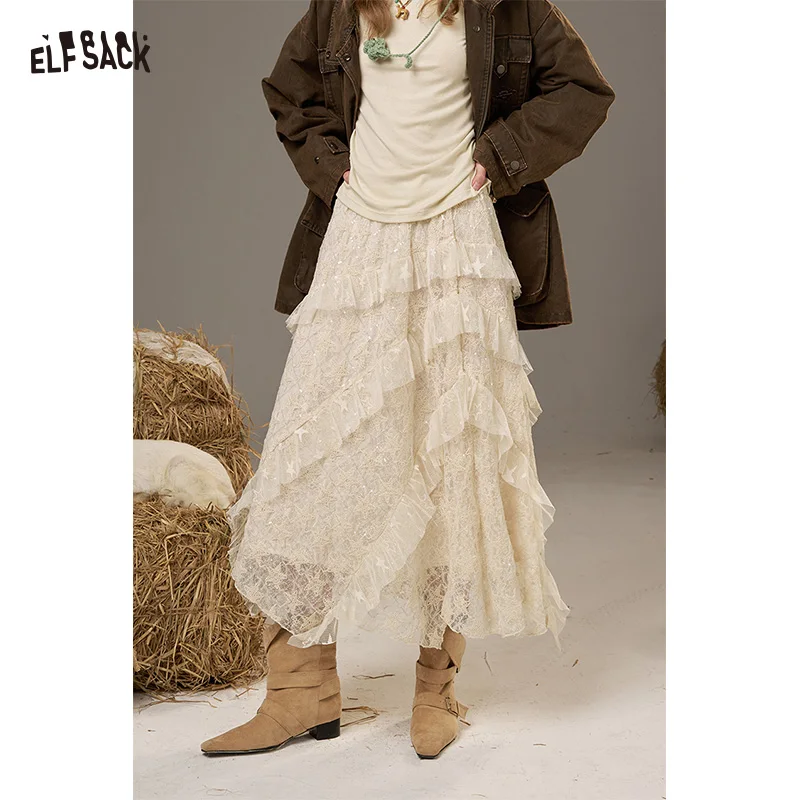 

ELFSACK 2025, осенние новые поступления, классическая многослойная кружевная длинная юбка в стиле пэчворк для женщин