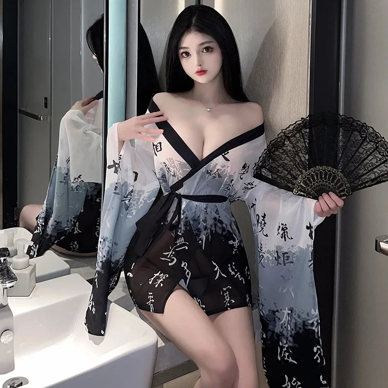

Perspective Retro Chinese Uniform Sexy Gauze Kimono Cosplay Hanfu Erotic Transparent Rejuvenation Pajamas Youth Private Costume