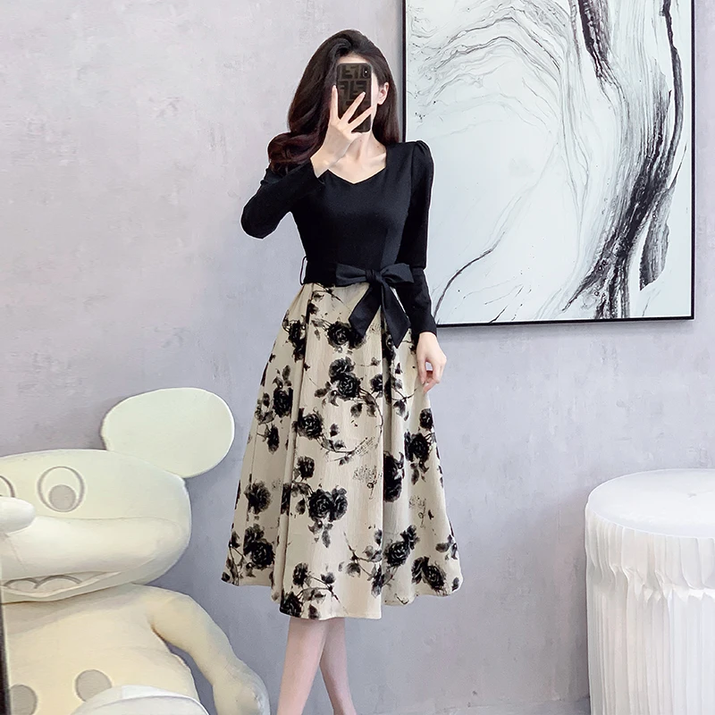 

French Fashion Spring Fake Two Dress For Women Square Collar Long Sleeve Patchwork Flower Print Lace Up Office Ladies Vestidos