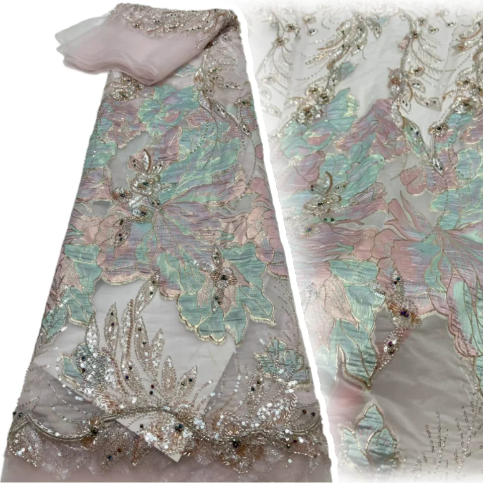 Popular African Sequin Beaded Jacquard Lace Fabric Gilded French Lace Fabric  Brocade Lace Fabric for Wedding Party Dress 3243